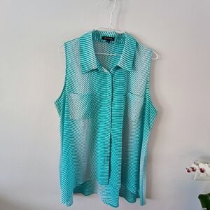 Notations Striped Sleeveless Blouse Womens XL Green White Collared Flowy Top